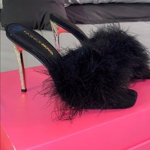Black Fur Diamond Heels